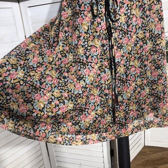 Vintage 80s Floral Full Swing Dress Black Boho Medium - Picture 7 of 10